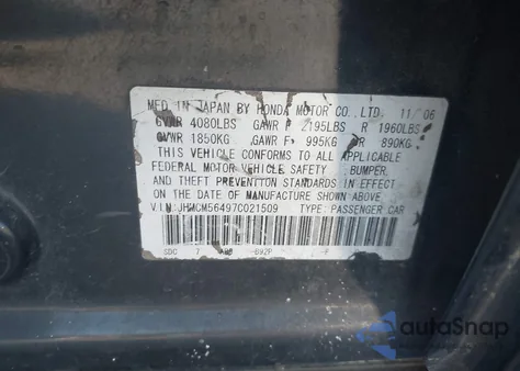 2007 Honda Accord 2.4 Lx from USA, damaged, VIN JHMCM56497C021509